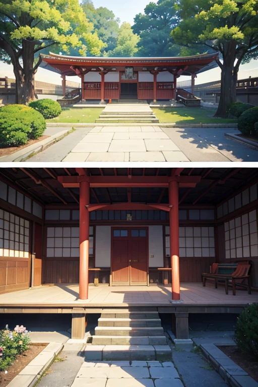 There is a large terrace,There is a red bench in the middle, Japan High School, anime jade camping, school courtyard, screenshot from the anime film, typical anime classroom, Screenshot of the 2012 animation, kyoto animation still, Opening scene, sankakucomplex anime image, anime scene, style of madhouse anime, animation still frame
