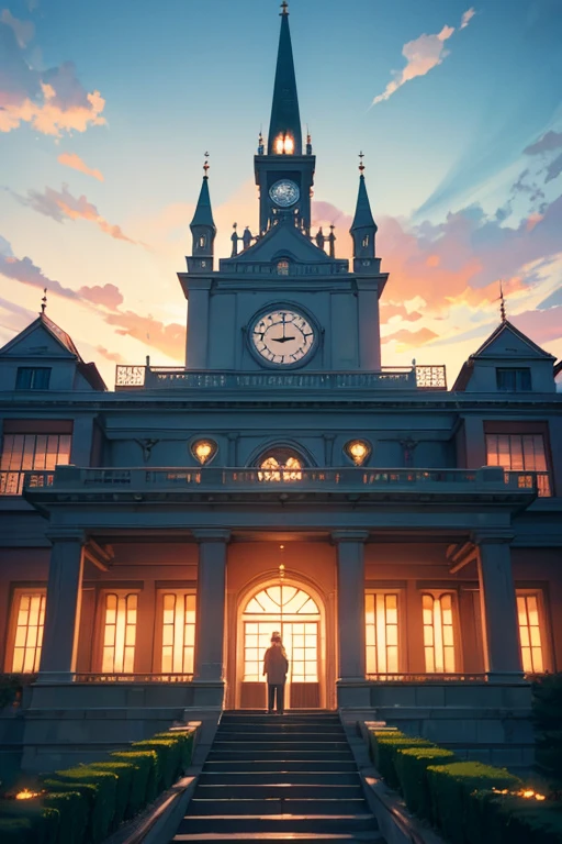 There is a big house,There is a clock in front, highschool background, Madhouse Studio anime style, House background, style of madhouse anime, Opening scene, Wallpapers!, anime backgrounds, shining golden hour, anime scene, anime movie backgrounds, golden hour sunlight, screenshot from the anime film, Today’s recommended anime is still, Anime background art