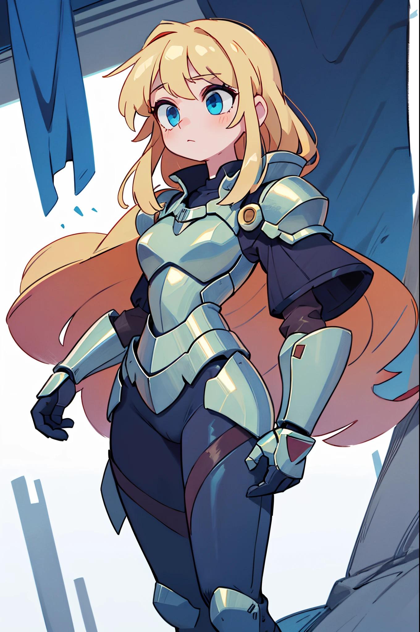 a knight, long blond hair, androgynous, tall, blue eyes, pale skin, suit of armor