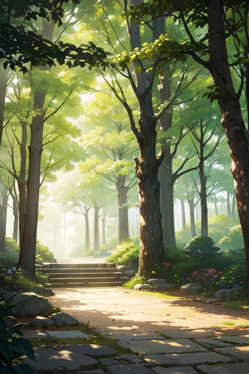 A detailed, high-resolution anime forest scene with a picturesque cobblestone pathway leading through it. The scene includes a row of vibrant and comfortable chairs placed alongside the path, inviting viewers to sit and immerse themselves in the tranquility of nature. The artwork captures the essence of an official anime production, replicating the style and atmosphere of a cherished animated series or movie. The scene showcases the beauty and intricacy of anime landscapes, with lush trees, vibrant flora, and animated natural elements such as dancing leaves or fluttering butterflies. The colors are vivid and visually appealing, with a vibrant palette that brings the scene to life. The lighting is carefully designed to create a magical ambiance, with soft rays of sunlight filtering through the trees and casting gentle shadows on the ground. The image is of the highest quality, with ultra-detailed artwork that showcases the skill and craftsmanship of the artist. The prompt is ideal for capturing the essence of a serene and charming anime countryside, offering viewers a sense of tranquility and relaxation reminiscent of popular anime series and movies.