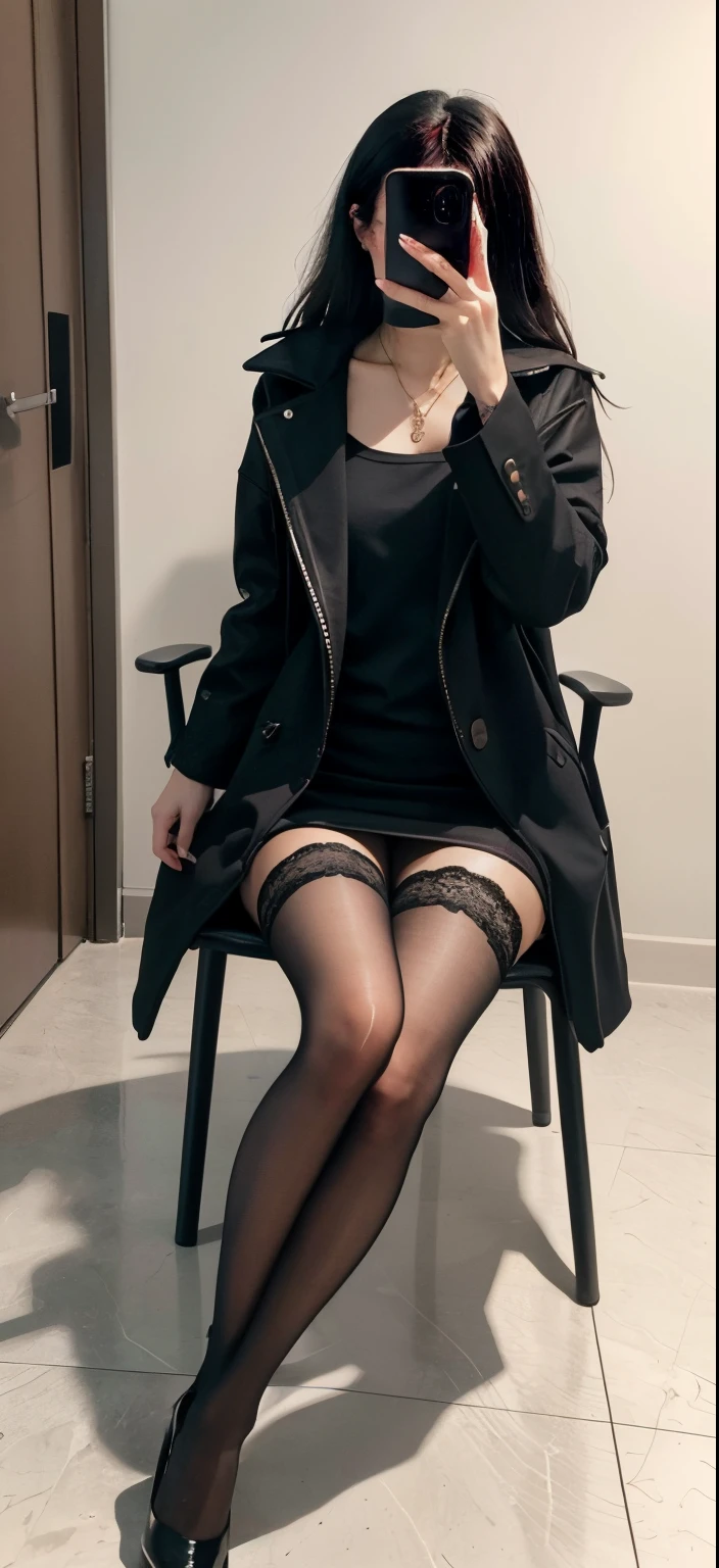 there  a woman sitting on a chair taking a picture of herself, woman wearing black coat and stockings, legs long, Nice face，all  fours, long, Thin leg, 19-year-old girls, gorgeous chinese models, Very beautiful slender legs,, lace hose, Nylon tights, photo of slim girl, full legs, law