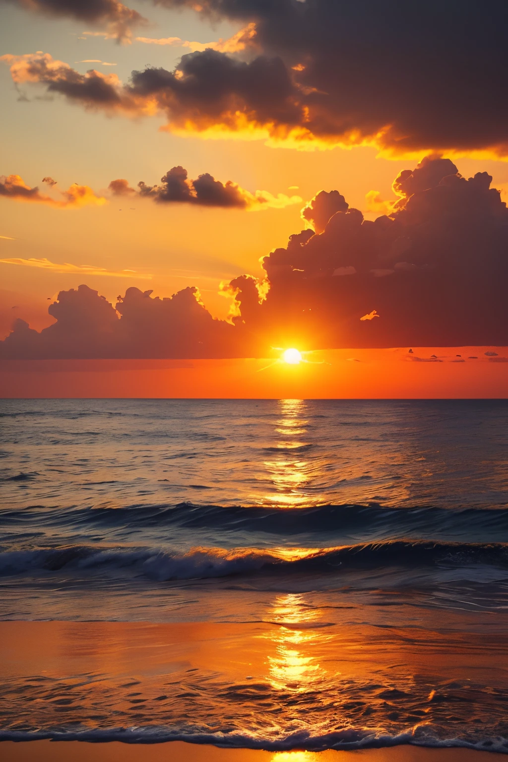 evening glow,the sun sets on the horizon,Orange clouds,There's a sun in the middle,brightened light,there are clouds over the sea