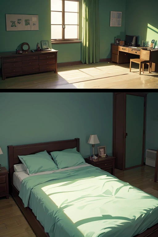There is a bed in the room,covered with green blanket, Studio Ghibli's bedroom, Madhouse Studio anime style, Bedroom lights dim, I slept in sections last night, Anime background art, RPG style bedroom, in small room, Today’s recommended anime is still, Personal room background, random background scene, Japanese cartoon, Quiet environment, someone sits in bed