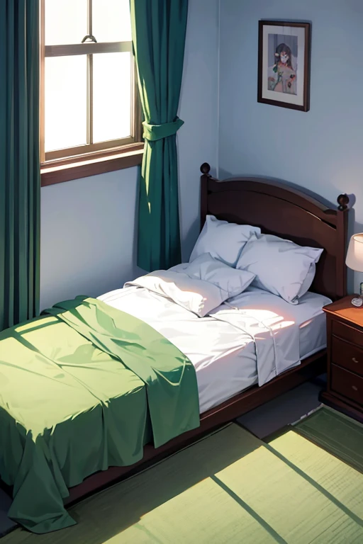 There is a bed in the room,covered with green blanket, Studio Ghibli's bedroom, Madhouse Studio anime style, Bedroom lights dim, I slept in sections last night, Anime background art, RPG style bedroom, in small room, Today’s recommended anime is still, Personal room background, random background scene, Japanese cartoon, Quiet environment, someone sits in bed