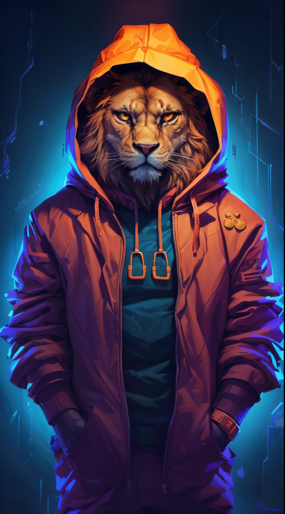 a cartoon lion wear a orange hoodie, cyberpunk background, highly detailed, high qulity 8k
