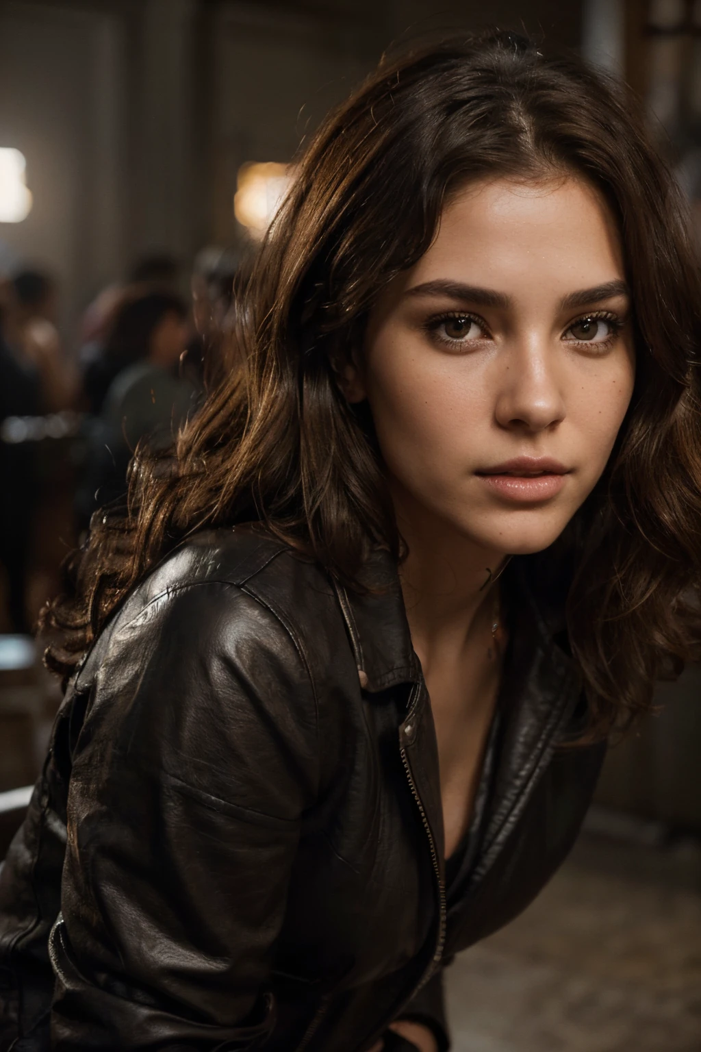 Breathtaking cinematic photo of a 30 year old girl with brown hair and brown eyes, angry, beautiful lips, intricate details, shallow depth of field, highly detailed, high budget Hollywood film, epic, beautiful, masterpiece, award-winning, professional, highly detailed, detailed skin texture, (blush: 0.5), (goosebumps: 0.5). (the most beautiful woman in the world) (brown hair) (short curly hair, wild hair, stylish cut) thin face, thin nose, beautiful, very beautiful, perfect face, slender (slender) body, (brown hair) (brown eyes ) (white skin) Beautiful body, western face, predatory eyes, pink lips, thick thighs. full body, western beauty, thin nose, beautiful, perfect, ((best quality)), ((ultra resolution)), ((photorealistic: 1.4)), (intricate details), perfect face, makeup: 1.5 , clear face, facial details. front view (poster scene, film scene) (action, combat, explosion in the background, shooting) night, dark, gun in hand. (leather jacket, black clothes, dress shirt, jeans)