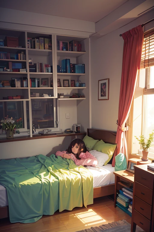 ,Outside the window is a beautiful garden,Bookshelf full of comic books,A bunch of cute character hangings hang on the curtains,There is a cup of coffee on the bedside table,There is a laptop next to the bed。Soft green blanket on the bed,The surroundings are filled with a strong anime atmosphere。The whole room is dimly lit,Give people a relaxing and comfortable feeling。This is a private little world for anime lovers,Everything is full of youth and enthusiasm。