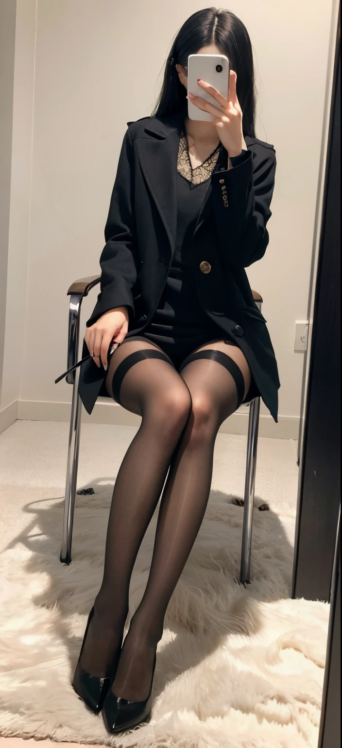 Female masturbation fingering、selfie photo、hi-school girl、Take a selfie in the mirror、sitting down on the floor、Sit with your knees raised、M-shaped legs、Open your crotch、spread legswide、panties on、Cameltoe、On a rug mat、brownish hair、(Black mask)、校服、(Brown blazer)、Ribbon Ties、(Green and gray plaid skirt)、(Black tights)、​masterpiece、highcontrast、cinematlic lighting、Detailed shading、top-quality、Top image quality