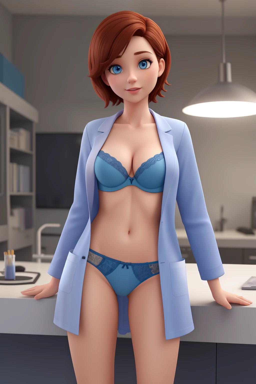 Femle vet mid 20's with short hair and blue eyes, young looking, wearing lab coat, bra,panties, Portait photo. 3d cartoon with accurate proportions, bent over