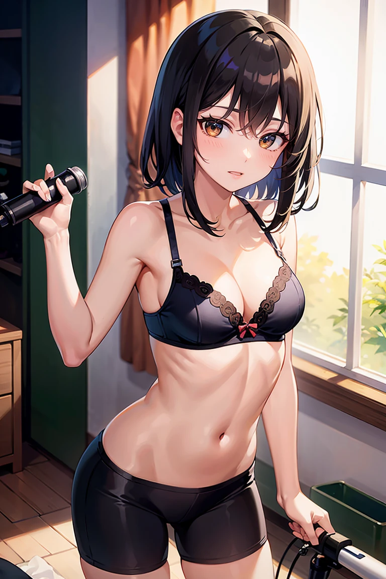 best quality, ultra high res, 1girl, Medium hair, brown hair, Brown eyes, bike shorts, black bra, looking at viewers, small breast, female focus, solo focus, pov, standing