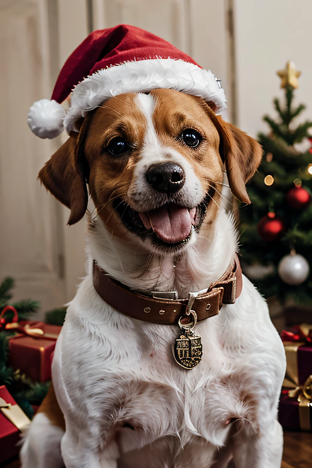 Crear imagen de un Jack Russell Terrier, vestido con sombrero de navidad, riente, From his neck he must hang a necklace that has the following inscription;"Milito Andrés", la imagen debe ser hiperrealista en 4k.