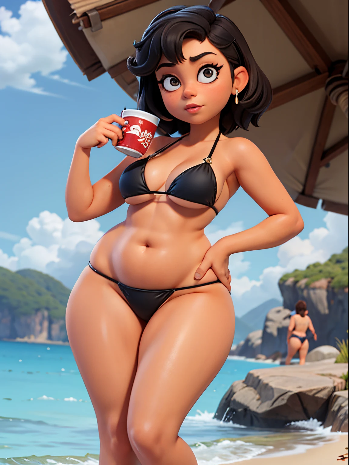 (best quality, masterpiece), gorgeous pixar woman (((Sarah Hyland))), thick eyebrows, very short black hair, at morning beach, (small micro sling bikini:1.5), nasty, lewd, gorgeous, very pale skin, (voluptuous wide hips:1.6), seductive, chubby belly