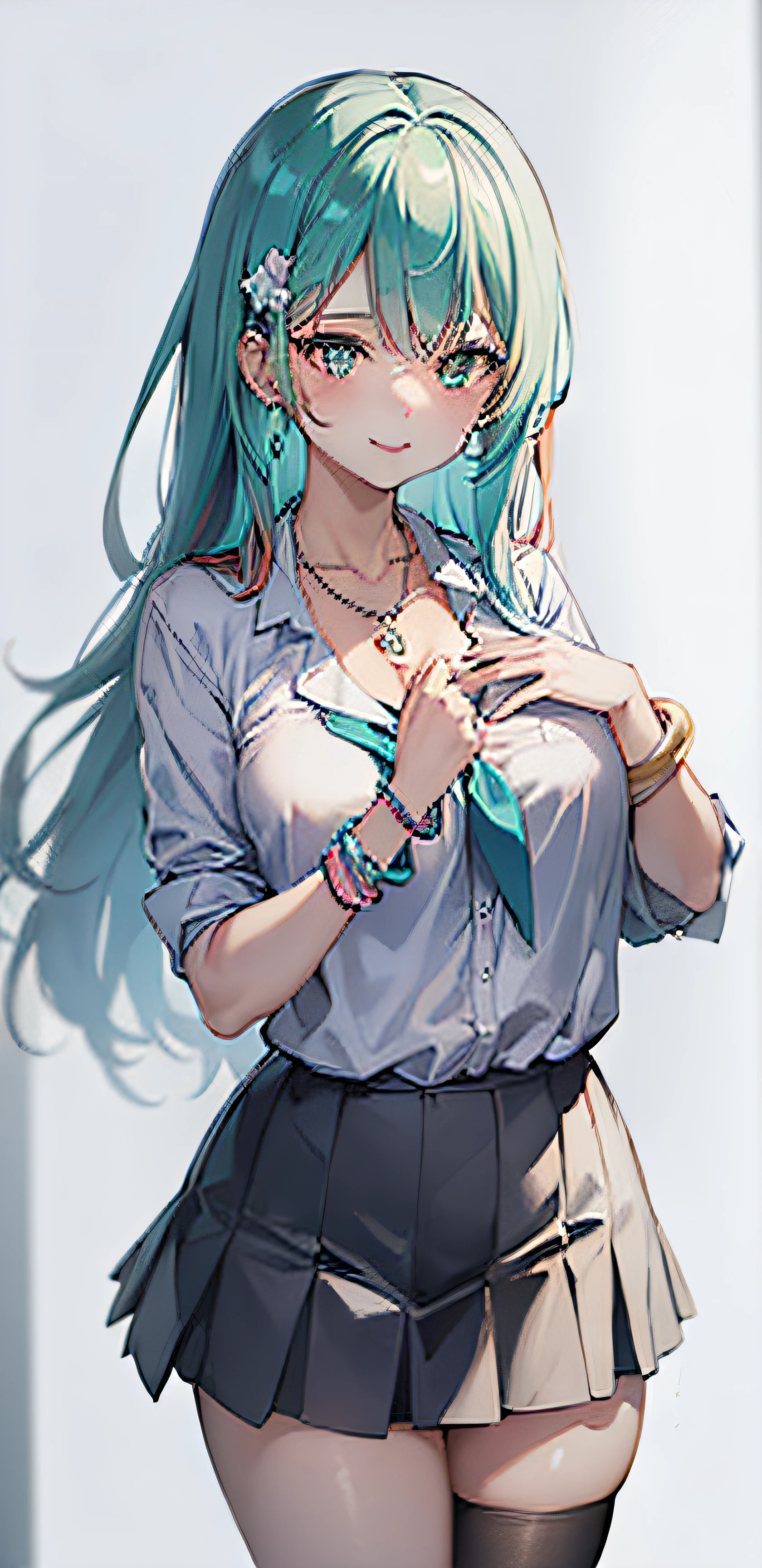 (masterpiece1.2), (Best quality1.2), (Ultra Detailed 1.2), (hight resolution:1.2), Unity 8k壁纸, ink and watercolor painting,Perfect Anatomy, BREAK,girl, pale green eyes,(Cyan-colored hair), (Wavy long hair), eyeshadows, Lips, Fingernails, Smile, blush, plump thighs,(Necklace,Colorful bracelets),(hair ornament blue flower:1.2), (Piercing:1.3) BREAK (School uniform), White collared shirt, cleavage, Black Check Skirt, nice hand, perfect hand break ((White background:1.5)),