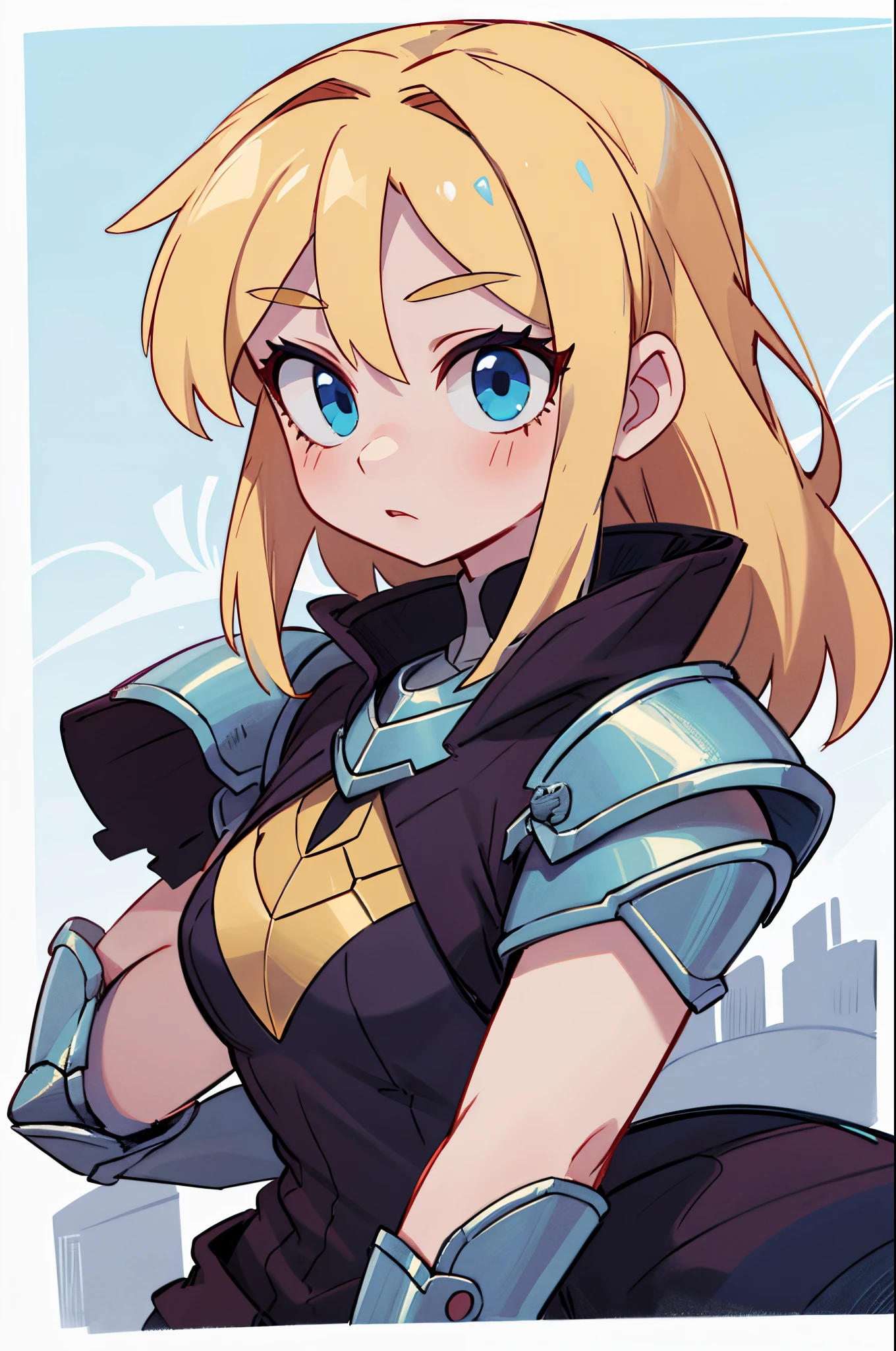 royal knight, long blond hair, androgynous, tall, blue eyes, pale skin, suit of armor, portrait