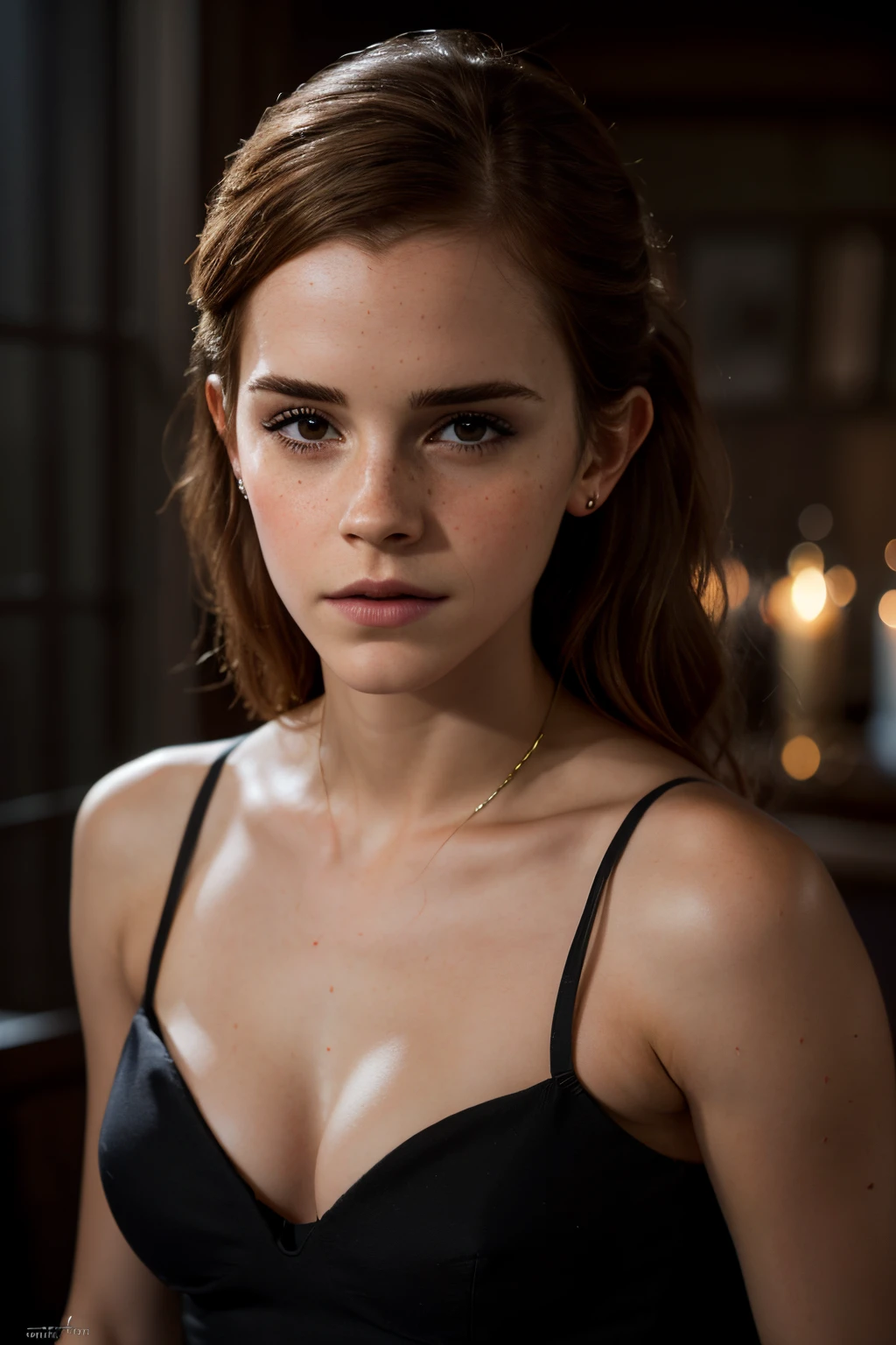 Emma Watson as a mysterious and alluring sorceress, with ebony hair and piercing green eyes, conjuring spells and potions in a dimly lit chamber, (dynamic pose), (hyper realistic:1.4), (realistic:1.3), (best quality real texture skin), (full body pose), (Cinematic Light), highly detailed skin, skin pores, (highly detailed face:1.1), (sexy, cleavage, nippin), (highly detailed eyes:1.1), realistic pupils, (perfect anatomy:1.1), (perfect proportions:1.1), (photography:1.1), (photorealistic:1.1), volumetric lighting, dynamic lighting, real shadows, (highres:1.1), sharp focus, daylight, (realistic, hyperrealistic:1.4), intricate, high detail, dramatic, subsurface scattering, big depth of field, vivid, polished, sharpened, ((full Sharp)), (extremely absurdres),8k hdr