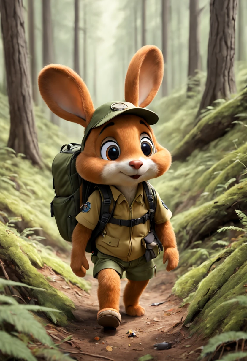 Desenhe Zippy, o coelho aventureiro, exploring the forest with a curious expression and a backpack full of gear.