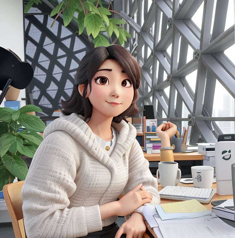 An Asian woman, 30 years old, medium hair sitting on an office chair