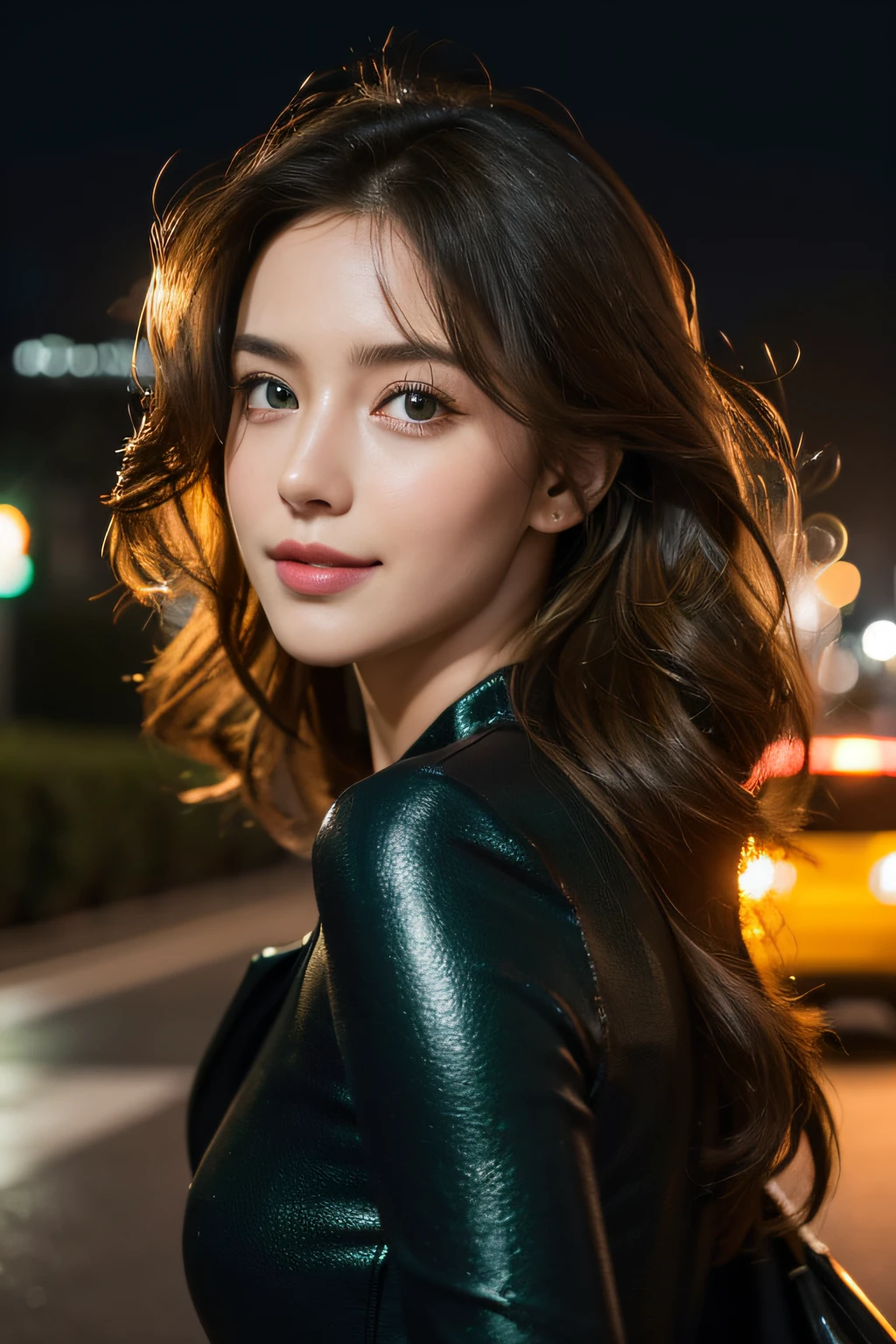 (best quality,4k,8k,highres,masterpiece:1.2),ultra-detailed,(realistic,photorealistic,photo-realistic:1.37),portrait,brunette girl,28 years old,green eyes,car,urban setting,city lights,night scene,reflection,glowing streetlights,highlighted facial features,curly hair,windy atmosphere,confident smile,modern car design,vibrant colors,dynamic composition
