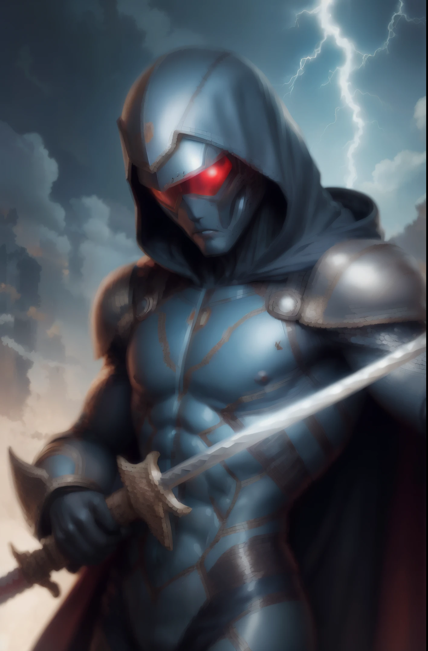 close-up of a man in a suit, Holding a Sword, Antimidge, professional photoshop artwork, Drawing manga, Without eyes, steam necropolis, lightning helmet, Twins, Riot, Blue hooded cloak, The Sword of the World, Card template, Sectoid, the, flickr