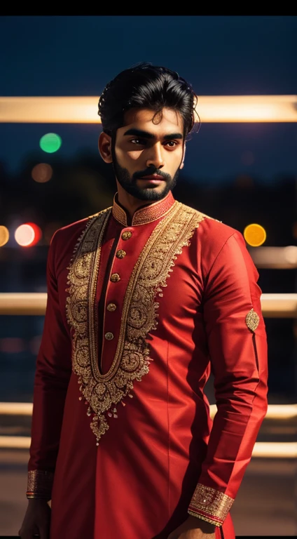 indian man, 25-years old, traditional red kurta, braclet in hand, Standing in the rain, cara de homem, gritar, real, armature, best quality, ultra high res, (photorealistic:1.4),, high resolution, detailed, raw photo, 400 camera f1.6 lens rich colors hyper realistic lifelike texture dramatic lighting unrealengine trending on artstation cinestill 800