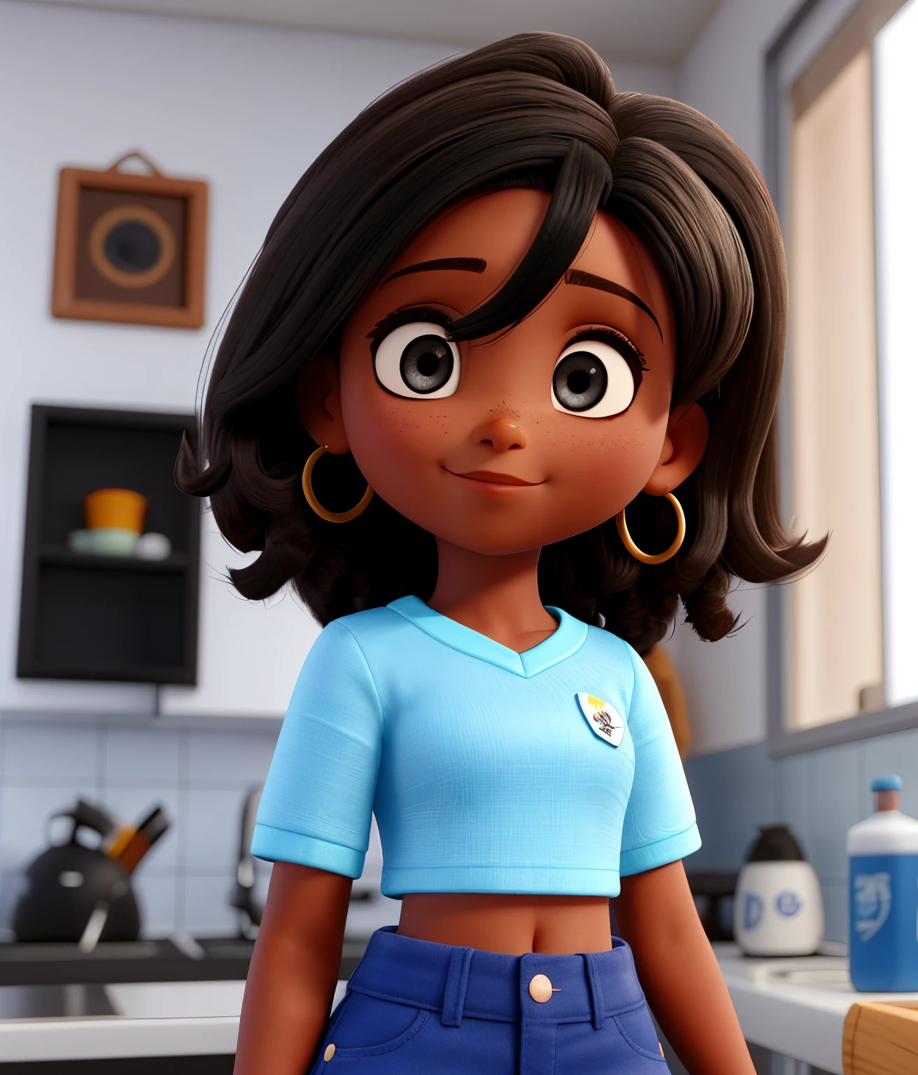 quero um jovem de pele morena/clara, com cabelo preto e uma curta franja em sua testa, olhos pretos, e uma camisa preta com uma calca bege, ele tem , ja ao seu lado quero uma namorada loira, com cabelo comprido e liso, olhos castanhos e pele clara, ela usa um cropped azul e uma saia preta e tem 15 anos, eles estao tirando uma foto num espelho de banheiro, em uma casa de ricos