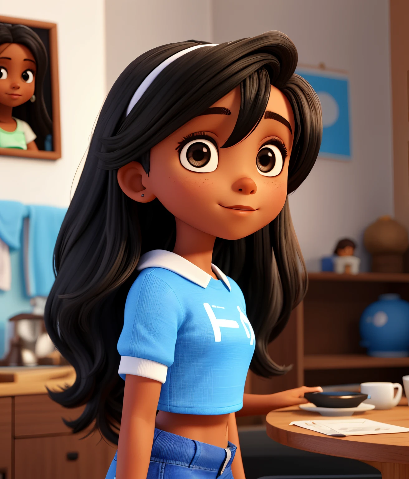 quero um jovem de pele morena/clara, com cabelo preto e uma curta franja em sua testa, olhos pretos, e uma camisa preta com uma calca bege, ele tem 16 anos, ja ao seu lado quero uma namorada loira, com cabelo comprido e liso, olhos castanhos e pele clara, ela usa um cropped azul e uma saia preta e tem 15 anos, eles estao tirando uma foto num espelho de banheiro, em uma casa de ricos