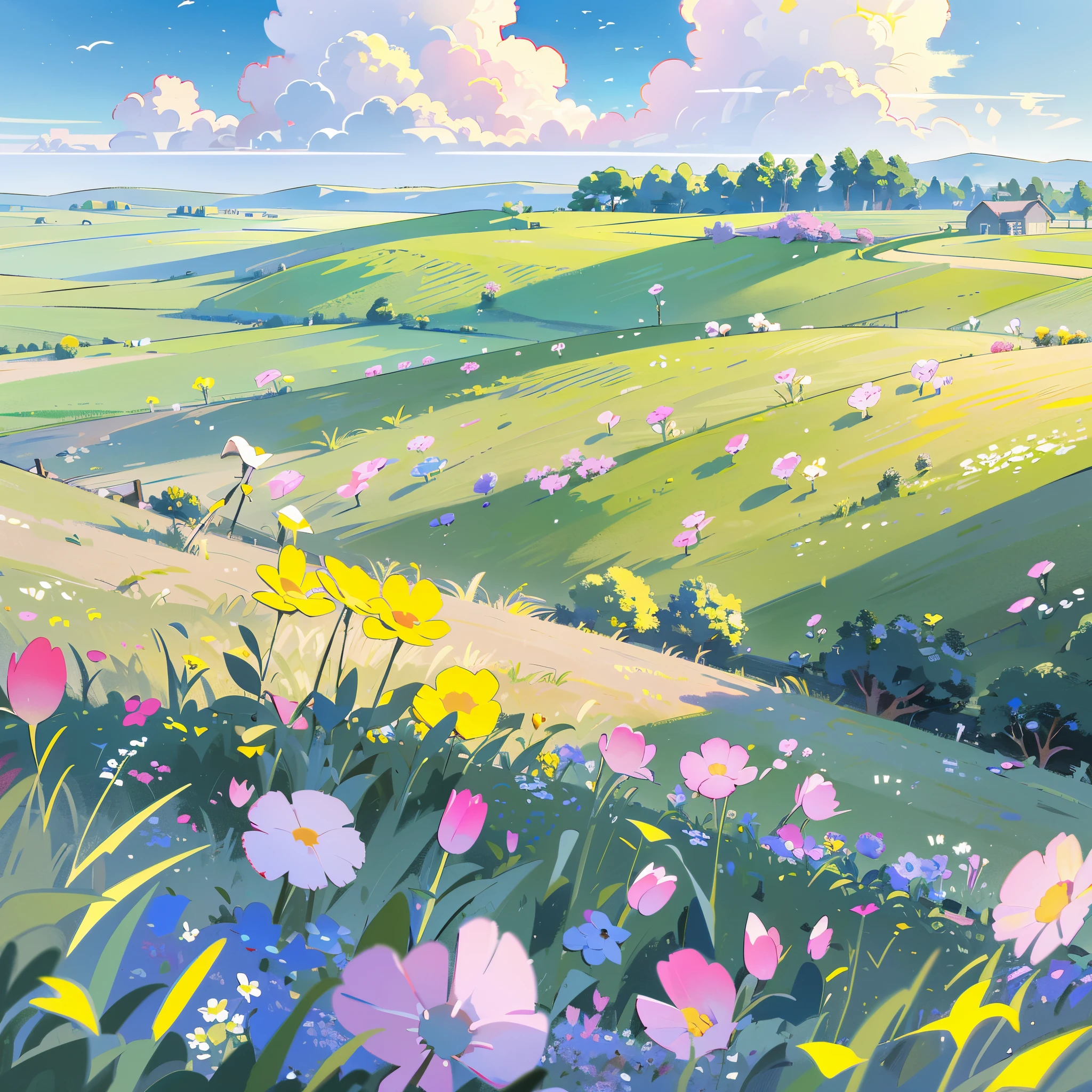 countryside, field, meadow, crop fields, multiple types of flowers and plants, ((farmhouse)), masterpiece, best quality, sharp focus, intricate details, perfection, golden ratio composition, 8k resolution, high resolution, beautiful, beautiful sky, vibrant pastel colors, bright colors