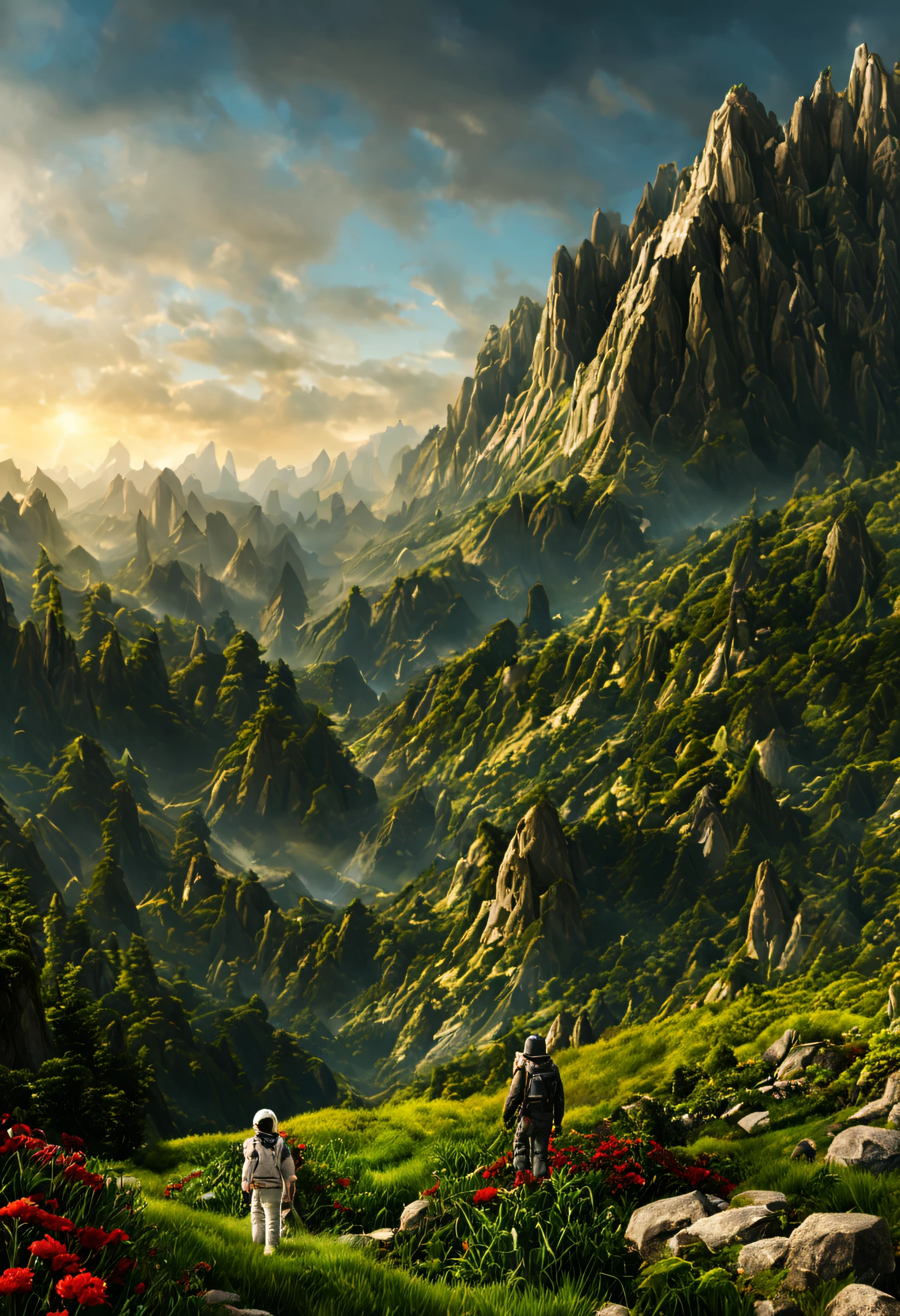 create a digital matte painting of a forest landscape with many tall green trees, with giant rocky mountains in a science fiction movie setting with ancient stone temples embedded in high rocks, the scene takes place in a clearing in the center of a dense and wide forest of trees and giant plants, in the sky of this illustration, um astronauta masculino de uniforme branco caminha em uma estrada de pedra perto de uma escadaria gigante de um templo, Close detalhado e realista do astronauta, close-up do traje espacial do astronauta, close-up de perspectiva dupla de baixo para cima de um campo de flores vermelhas, add a field full of red flower buds on the ground next to a nearby path with low green grass towards the large forest and situated in the background of the scene against the background of a blue sky with white 3D clouds along a long path, ultra realism in matte painting illustration cinematography based on the matte painting art of artist Albert Whitlock