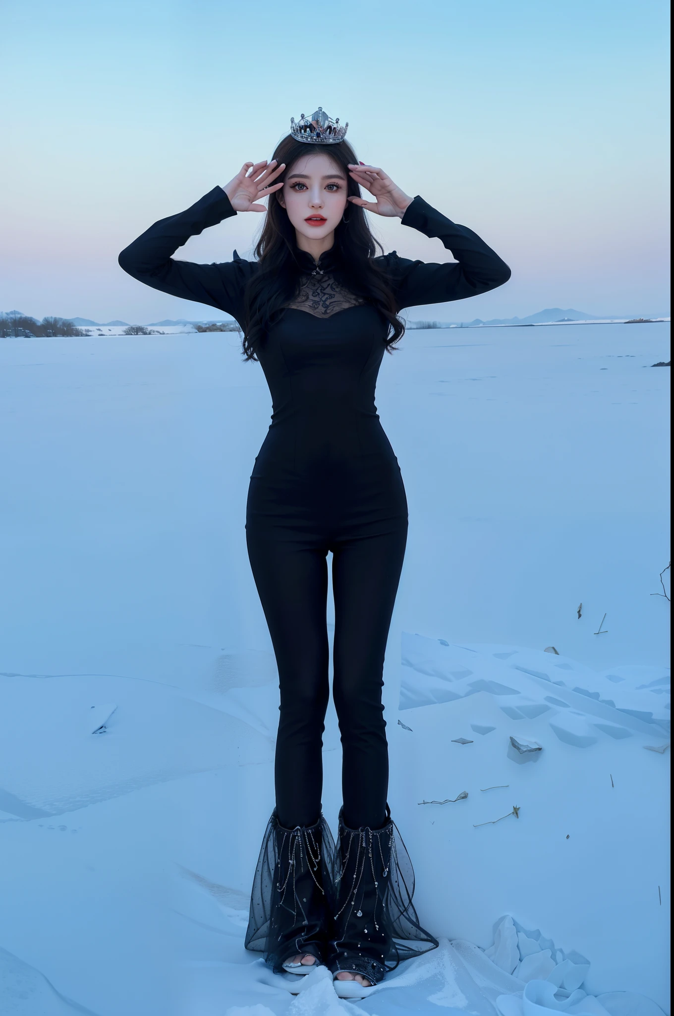 Imperial sister，A detailed eye，Snow Queen，put the crown on your head，Detailed facial expressions，Ripe body，Tall figure，the number，legs long，4K，k hd，fleshy feeling，White translucent lace，Fair and plump figure，Nice face，Cherry small mouth，beautiful and delicious（3D royal sister），a plump buttocks，gloss gel coat，Vampire queen wears luxurious dress，Crystal Gem Crown，