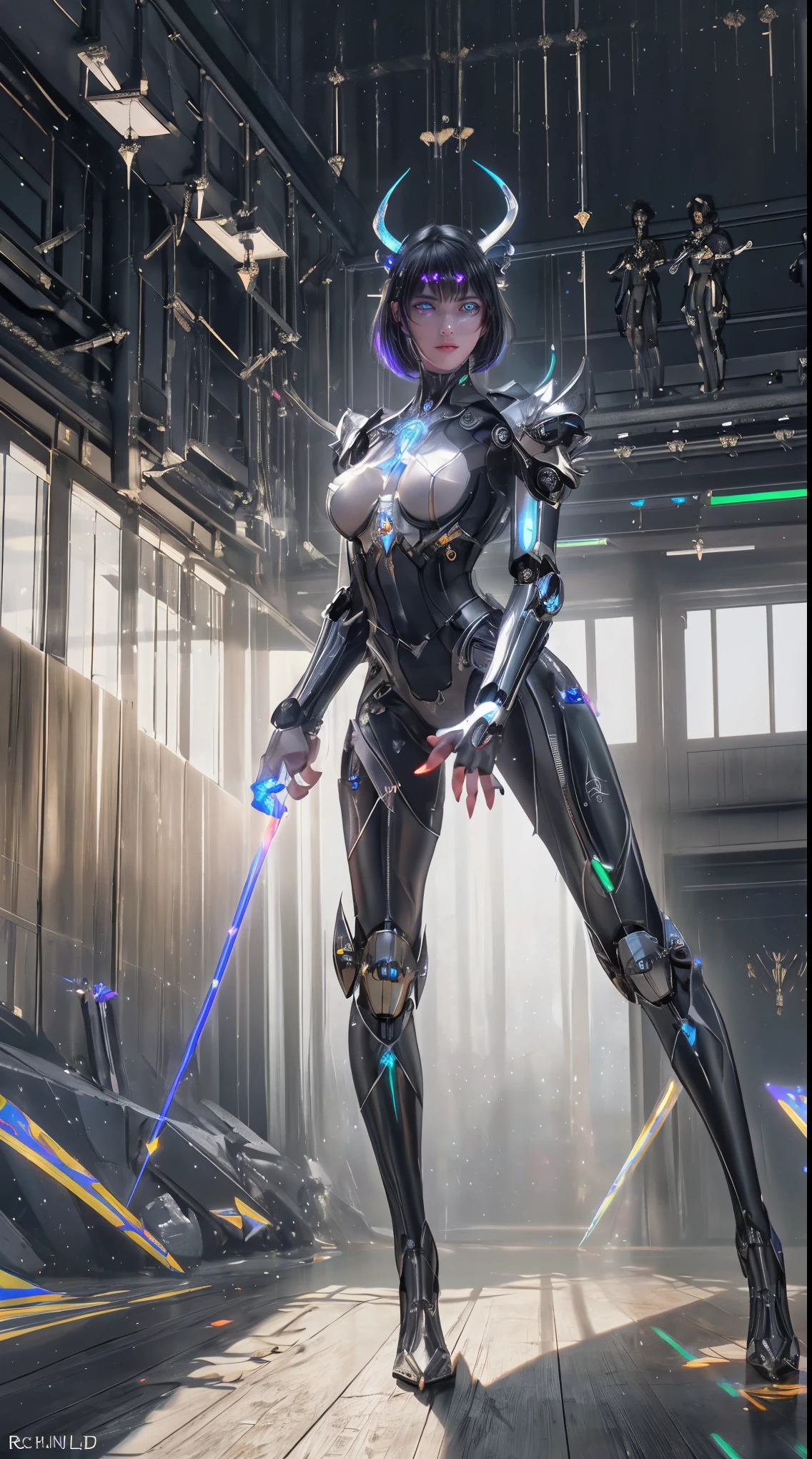 (from front:1.5), (1mechanical girl:1.5),full body, solo, Slim waist, thick thighachine made joints:1.2),(machanical limbs:1.1),(blood vessels connected to tubeechanical vertebra attaching to back),(mechanical cervial attaching to neck), lights on armor, mecha headglass, (Luminous Arms:1.5), (laser eyes:1.5), expressionless, huge breast,
colorful,hdr, ray tracing, nvidia rtx, super-resolution, unreal 5, subsurface scattering, pbr texturing, post-processing, anisotropic filtering, depth of field, maximum clarity and sharpness, rule of thirds, 16k raw, (luminescent particles:1.4), extremely detailed cg, unity 8k wallpaper, 3d, cinematic lighting, lens flare, reflections, sharp focus, cyberpunk art, realistic, highly detailed CG illustration, an extremely delicate and beautiful, cinematic light, (photorealistic:1.5), (Dark background:1.5),dynamic angle, masterpiece, best quality, ultra-detailed, illustration, detailed light, dramatic_shadow,face shadow,extra detailed,best performance,