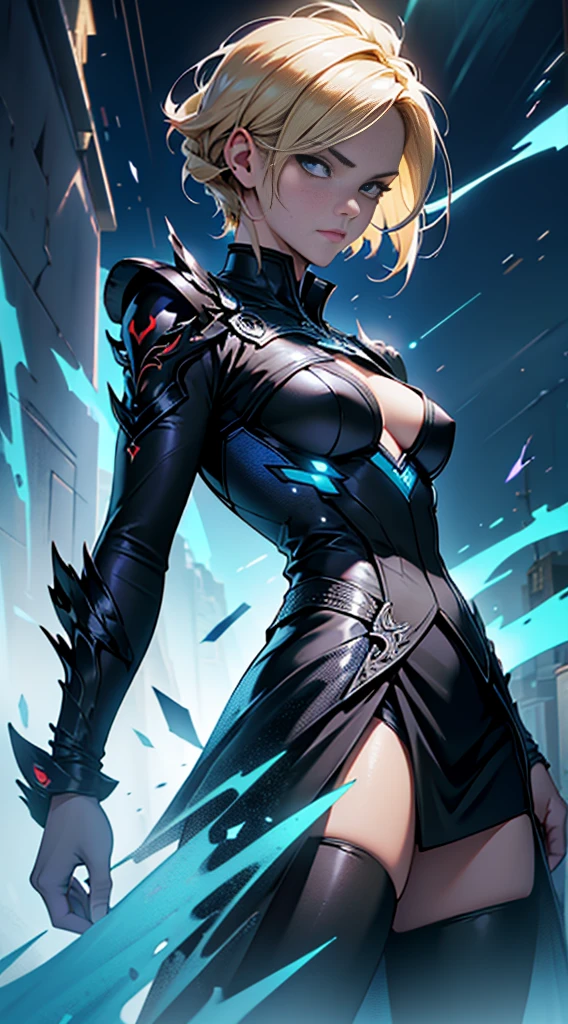 (masterpiece:1.2), (illustration), (best quality:1.2), (best aethetic:1.1), (beautiful art:1.2), (ultra-detailed:1.2), (8k), (HDR), (cinematic lighting), (wallpaper), (sharp focus), (intricate), woman pose using futuristic gun, 165cm tall, blonde hair, short hair, serious expresdion, half javanese, half netherland, wearing black suit and black skirt, pantyhouse, blue aura energy sparking, background windy sky blue, horror