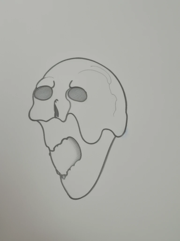 Draw a skull with face and mouth, painting of a, smooth drawing, shadowing, cream, cream cone, Cream on the side, badly drawn, minimalistic painting, no shade, very flat shadow, Smooth shadows, Gloomy face, Melted face, a pencil sketch, a drawing, Eat cream, soft image shadow, pencil doodle