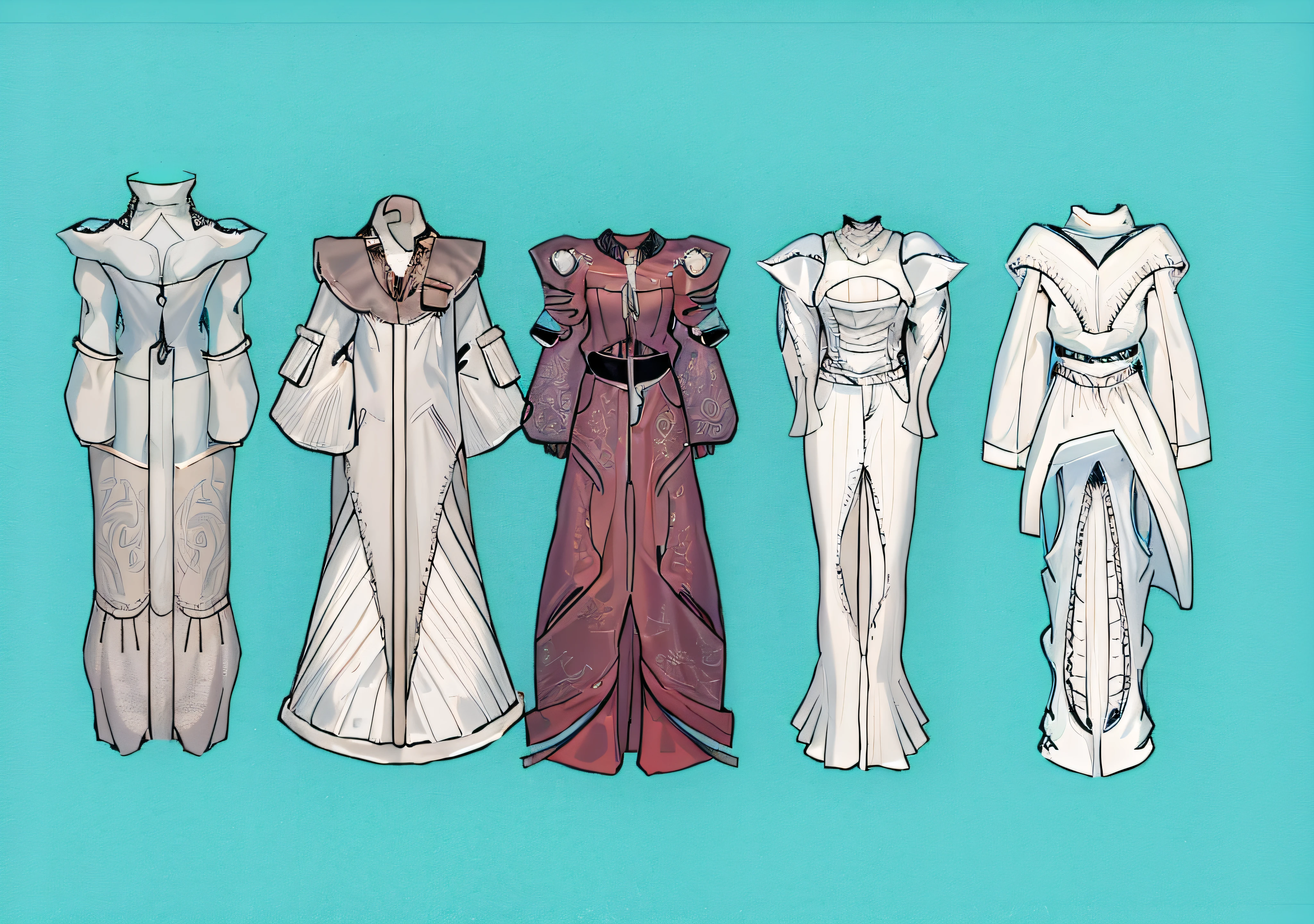 Line drawing of a series of dresses in different styles, clothing design, clothing design, clothing concept, robe! iintricate, clothing design, Intricate robes, futuristic clothes, Intricate Fantasy Robes, Diverse clothing, clothing design, clothes from the future, clear outfit design, Astral Witch Clothes, Complex clothes, Cypherpunk fashion illustration, futuristic outfit, Fantasy style clothing