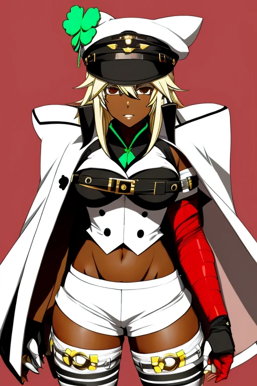 ramlethal valentine dark skin dark-skinned female white headwear cape short shorts thigh strap gloves bandages bandaged arm bandaged leg four-leaf clover,large breasts,large ass,