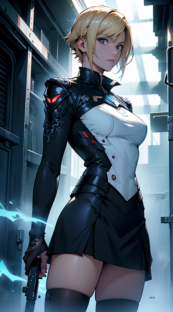 (masterpiece:1.2), (illustration), (best quality:1.2), (best aethetic:1.1), (beautiful art:1.2), (ultra-detailed:1.2), (8k), (HDR), (cinematic lighting), (wallpaper), (sharp focus), (intricate), woman pose using futuristic gun, 165cm tall, blonde hair, short hair, serious expresdion, half javanese, half netherland, wearing black suit and black skirt, pantyhouse, blue aura energy sparking, background windy sky blue, horror