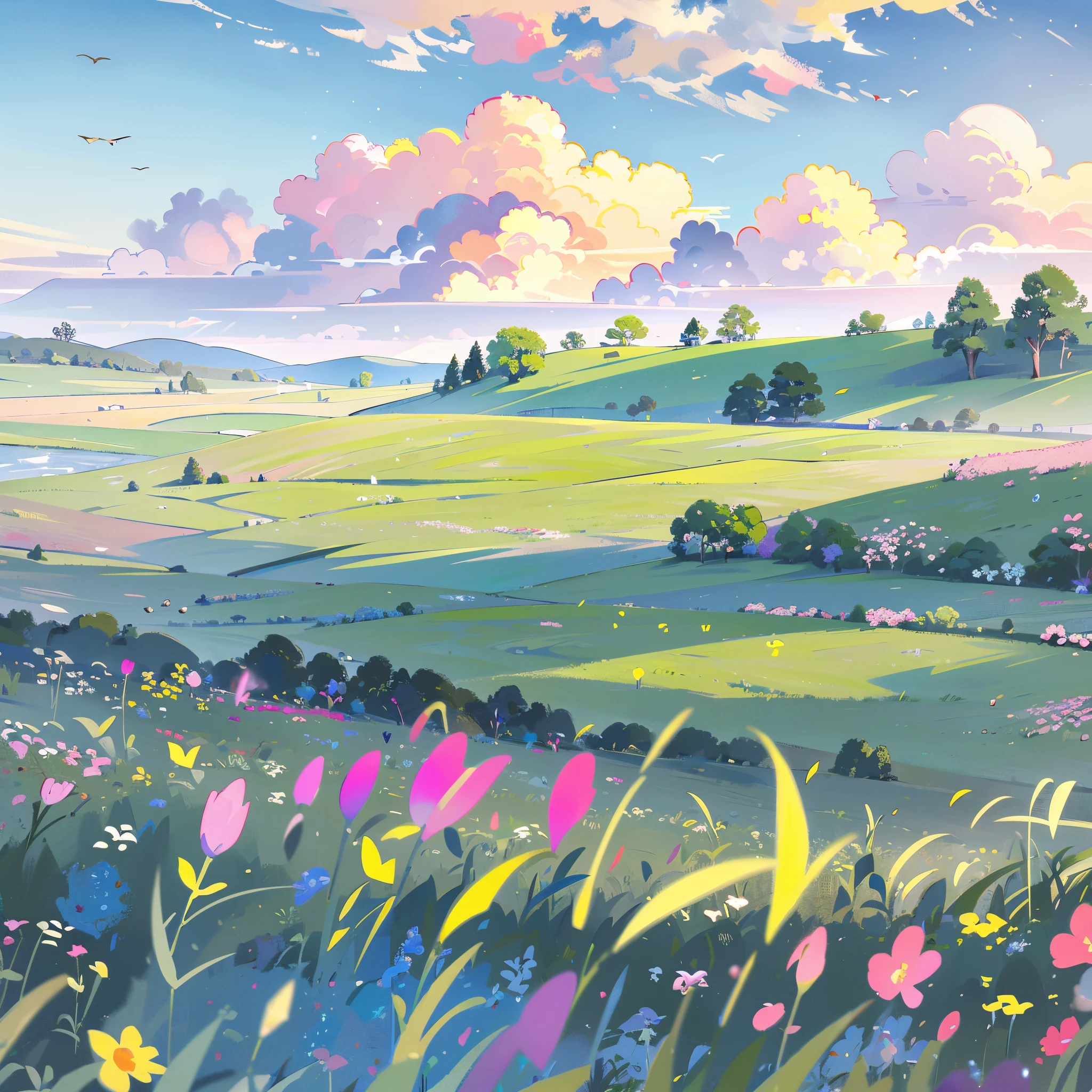 countryside, field, meadow, crop fields, multiple types of flowers and plants, ((farmhouse)), masterpiece, best quality, sharp focus, intricate details, perfection, golden ratio composition, 8k resolution, high resolution, beautiful, beautiful sky, vibrant pastel colors, bright colors