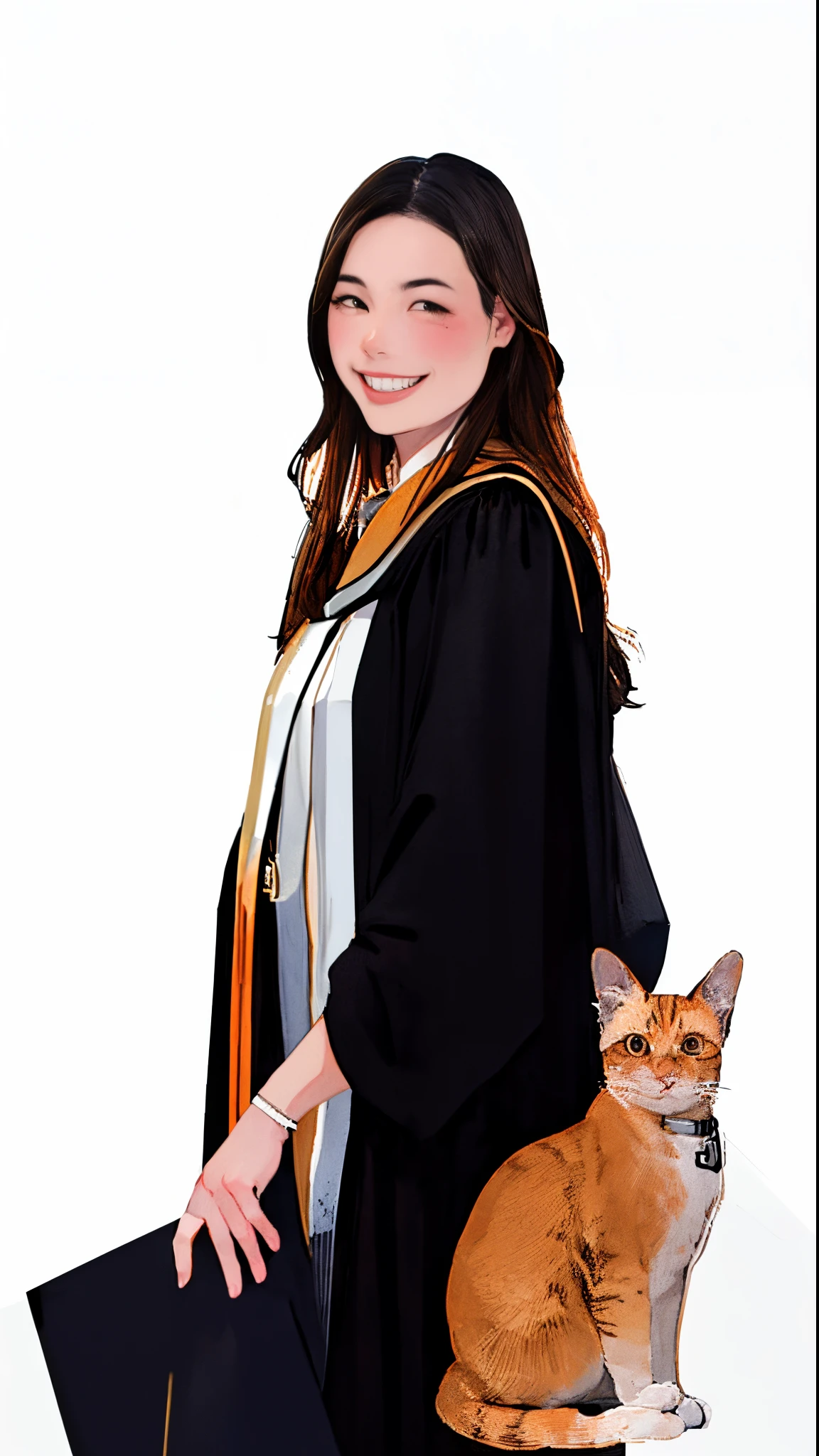 (masterpiece:1.2),illustration,lineart,texture,a woman black long hair smiles showing white teeth and wearing black graduation gown with brown stripes, a orange cat with bell collar ,isolated from background,warm color palette,soft natural light ,detailed pencil strokes,delicate outlines,distinct shadows,subtle shading,impeccable attention to detail,highly realistic,artistic touches,vibrant and lifelike rendering,professional-level skill,white background,warm and inviting atmosphere,peaceful and relaxed expression,sophisticated and elegant aesthetics.