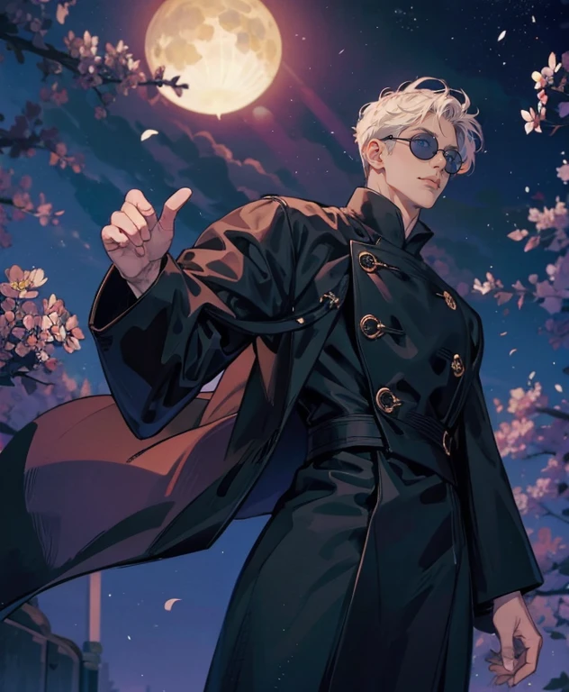 Smug look, looking at viewer, big blue eyes, black round sunglasses, big smile