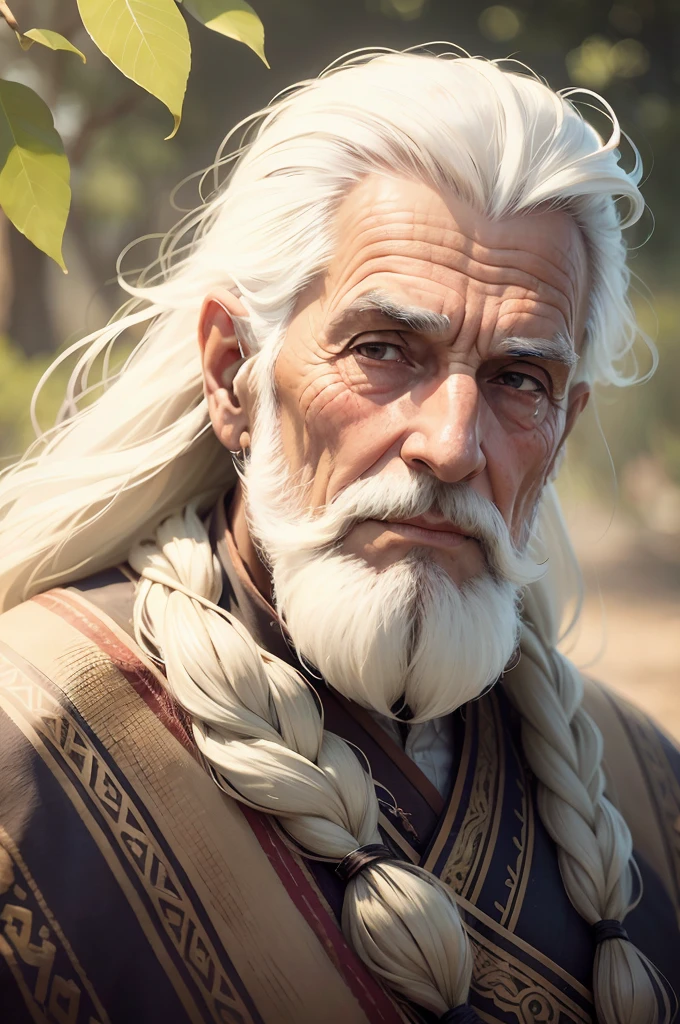Elderly sage with serene expression, Retrato frontal, longa barba prateada, flowing hair, Inspirado na Disney,