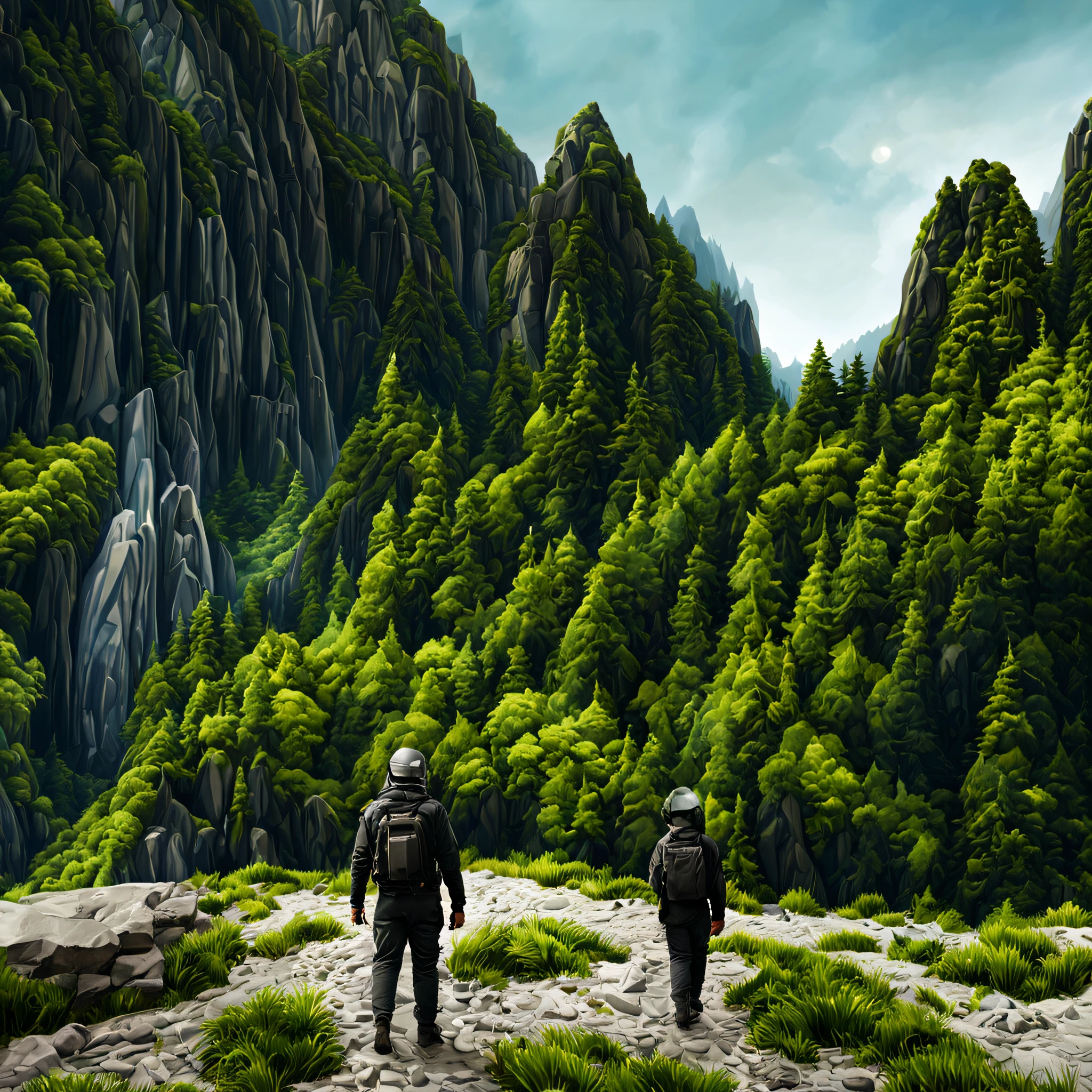 create a digital matte painting of a bright forest landscape with many tall green trees, with giant rocky mountains in a science fiction movie setting with ancient stone temples embedded in high rocks in detail, the scene takes place in a clearing in the center of a dense and wide forest of trees and giant plants on the way, in the sky of this illustration, um astronauta masculino de uniforme branco caminha por uma estrada de pedra perto de uma escadaria gigante de um desses templos, Close detalhado e realista do astronauta, close-up do traje espacial do astronauta, rudder and hands, close-up de perspectiva dupla de baixo para cima, add a field full of red flower buds on the ground next to a nearby path with low green grass towards the large forest and situated in the background of the scene against the background of a blue sky with white 3D clouds along a long path, ultra realism in matte painting illustration cinematography based on the matte painting art of artist Albert Whitlock