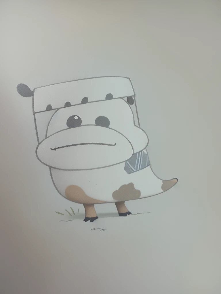 Draw a cow with a tie around its neck, character wearing hat, no shade, painting of a, Ridiculous swinging spots on skirt, faded pictures, Two-dimensional drawing, Two-dimensional drawing, character drawing, shadowing, a drawing, Based on the character of Haggis, painting of a, merged character, shadowing!!!, Shading, smooth drawing