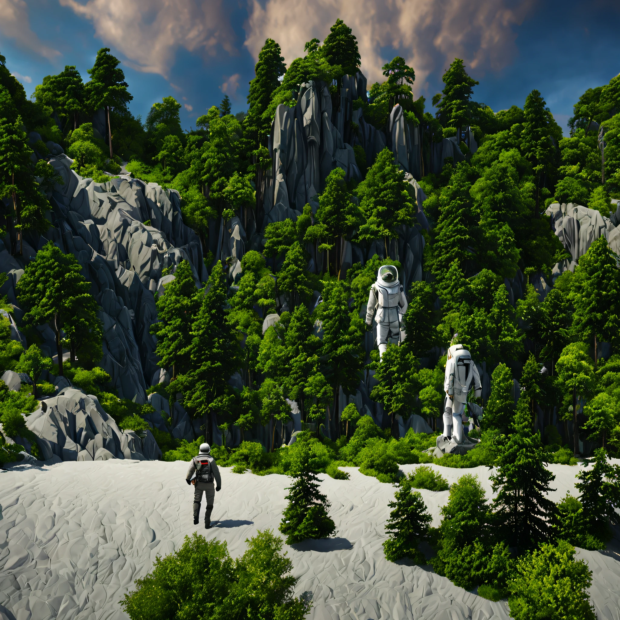 create a digital matte painting of a bright forest landscape with many tall green trees, with giant rocky mountains in a science fiction movie setting with ancient stone temples embedded in high rocks in detail, the scene takes place in a clearing in the center of a dense and wide forest of trees and giant plants on the way, in the sky of this illustration, um astronauta masculino de uniforme branco caminha por uma estrada de pedra perto de uma escadaria gigante de um desses templos, Close detalhado e realista do astronauta, close-up do traje espacial do astronauta, rudder and hands, close-up de perspectiva dupla de baixo para cima, add a field full of red flower buds on the ground next to a nearby path with low green grass towards the large forest and situated in the background of the scene against the background of a blue sky with white 3D clouds along a long path, ultra realism in matte painting illustration cinematography based on the matte painting art of artist Albert Whitlock