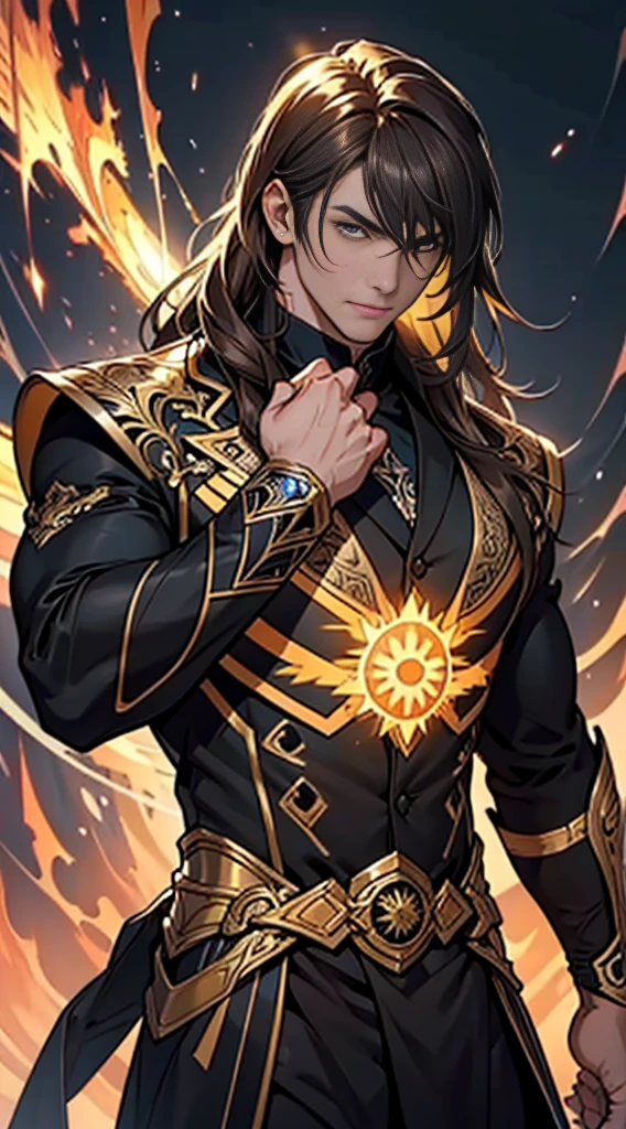 (masterpiece:1.2), (illustration), (best quality:1.2), (best aethetic:1.1), (beautiful art:1.2), (ultra-detailed:1.2), (8k), (HDR), (cinematic lighting), (wallpaper), (sharp focus), (intricate), man wearing big gauntlet, average body, 175cm tall, brown hair colours, long hair cut with bangs, wearing black suit, sun energy, yellow aura sparks all over his body, background big sun shinning brightly, horror
