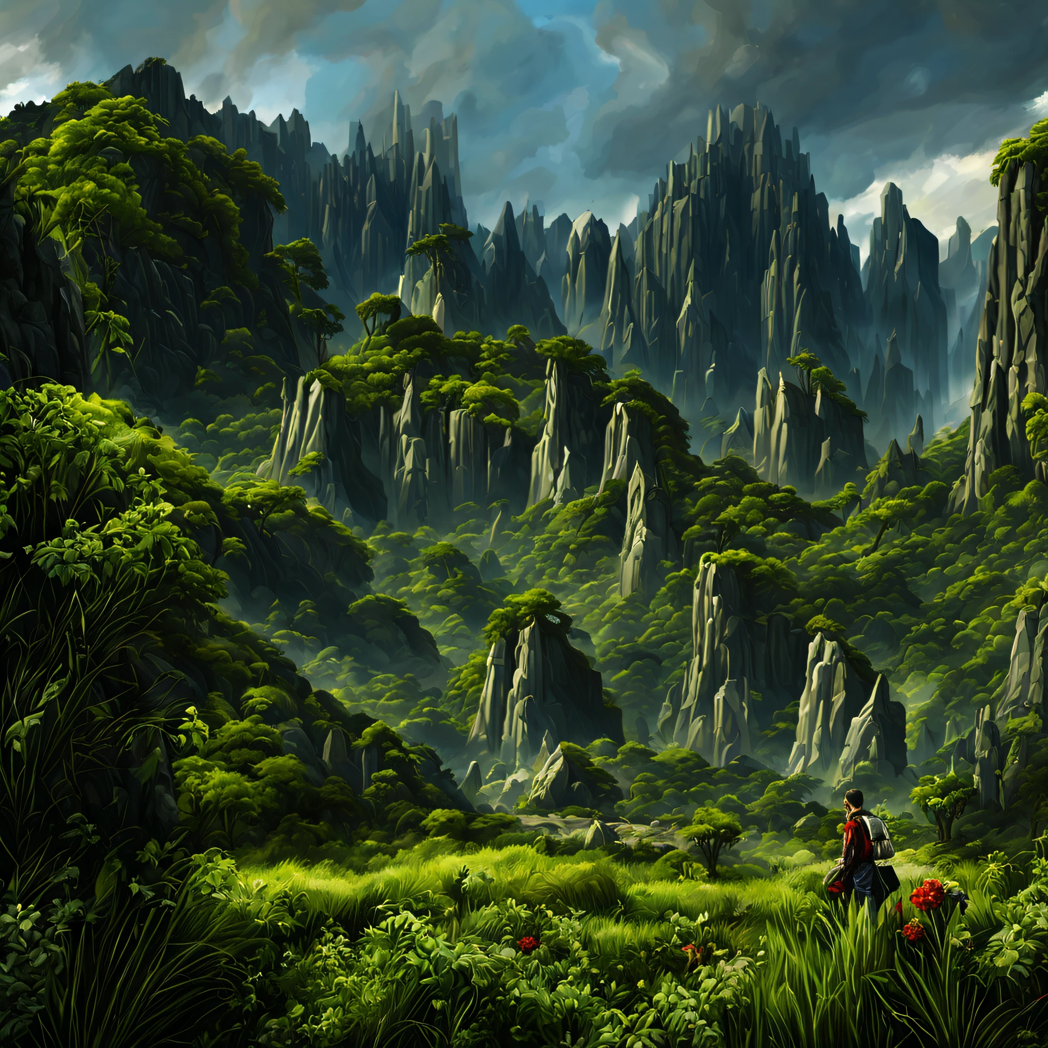 create a digital matte painting of a bright forest landscape with many tall green trees, with giant rocky mountains in a science fiction movie setting with ancient stone temples embedded in high rocks in detail, the scene takes place in a clearing in the center of a dense and wide forest of trees and giant plants on the way, in the sky of this illustration, um astronauta masculino de uniforme branco caminha por uma estrada de pedra perto de uma escadaria gigante de um desses templos, Close detalhado e realista do astronauta, close-up do traje espacial do astronauta, rudder and hands, close-up de perspectiva dupla de baixo para cima, add a field full of red flower buds on the ground next to a nearby path with low green grass towards the large forest and situated in the background of the scene against the background of a blue sky with white 3D clouds along a long path, ultra realism in matte painting illustration cinematography based on the matte painting art of artist Albert Whitlock