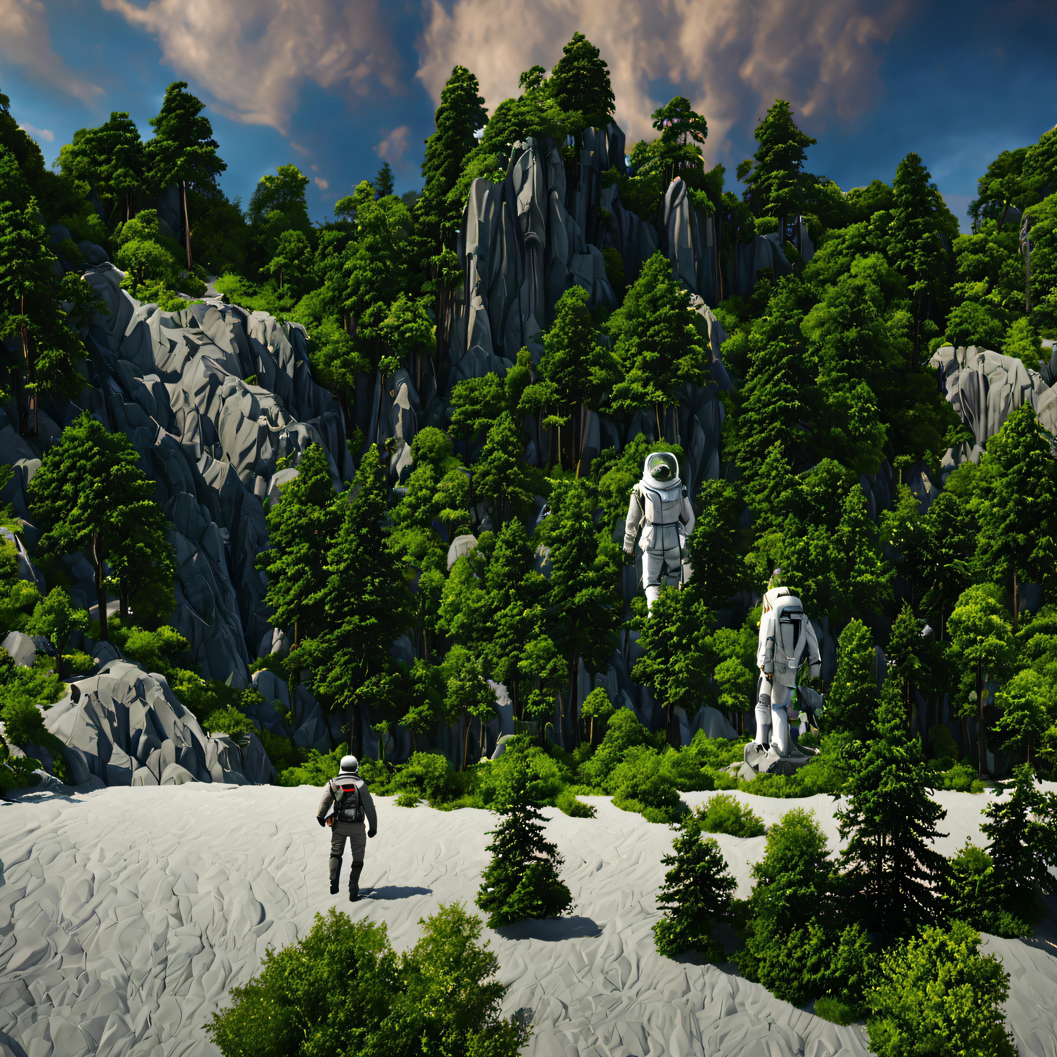 create a digital matte painting of a bright forest landscape with many tall green trees, with giant rocky mountains in a science fiction movie setting with ancient stone temples embedded in high rocks in detail, the scene takes place in a clearing in the center of a dense and wide forest of trees and giant plants on the way, in the sky of this illustration, um astronauta masculino de uniforme branco caminha por uma estrada de pedra perto de uma escadaria gigante de um desses templos, Close detalhado e realista do astronauta, close-up do traje espacial do astronauta, rudder and hands, close-up de perspectiva dupla de baixo para cima, add a field full of red flower buds on the ground next to a nearby path with low green grass towards the large forest and situated in the background of the scene against the background of a blue sky with white 3D clouds along a long path, ultra realism in matte painting illustration cinematography based on the matte painting art of artist Albert Whitlock