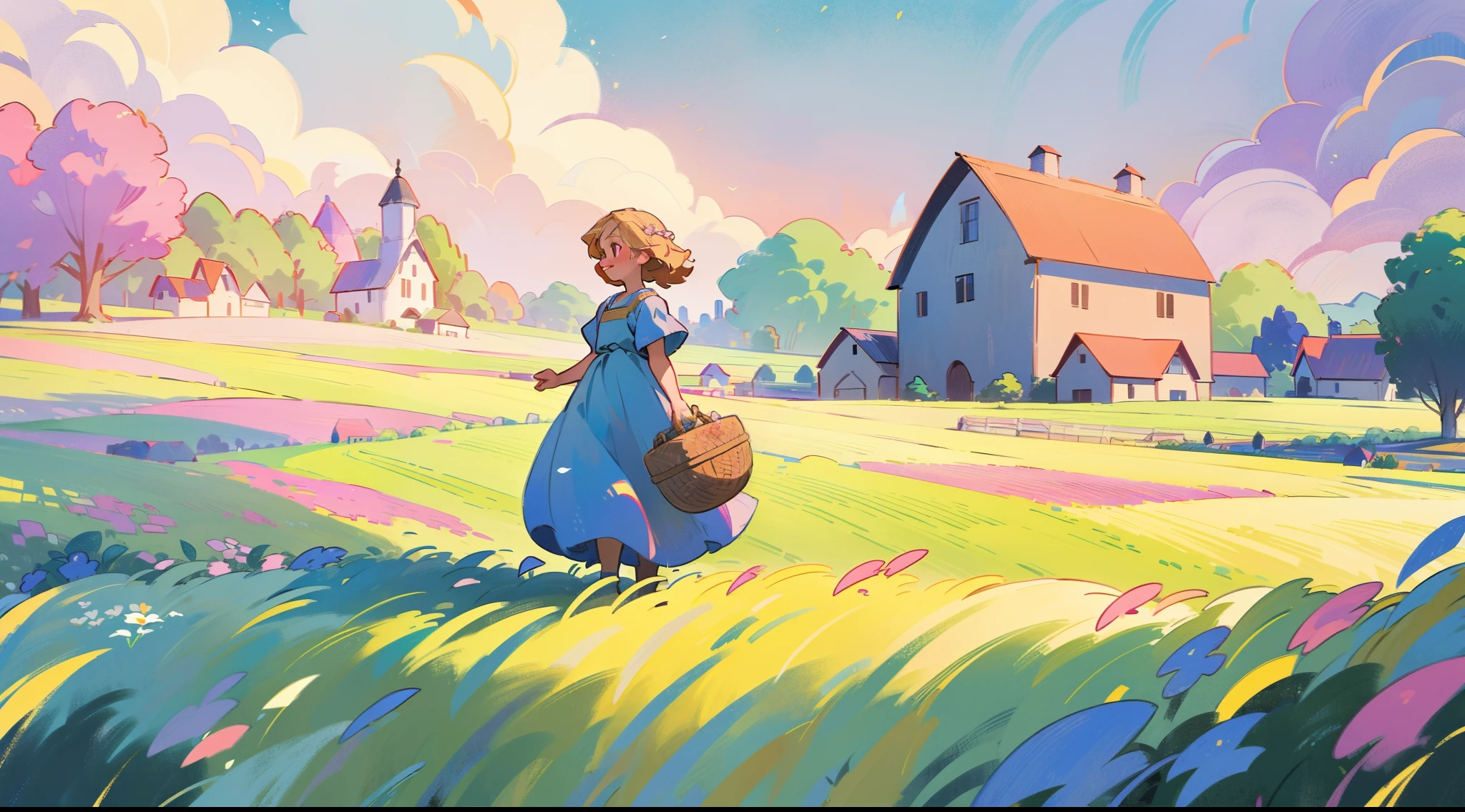countryside, field, meadow, flowers, beautiful girl in peasant dress walking through field, ((cottage farmhouse and barn)), masterpiece, best quality, sharp focus, intricate details, perfection, golden ratio composition, 8k resolution, high resolution, beautiful, beautiful sky, vibrant pastel colors, bright colors