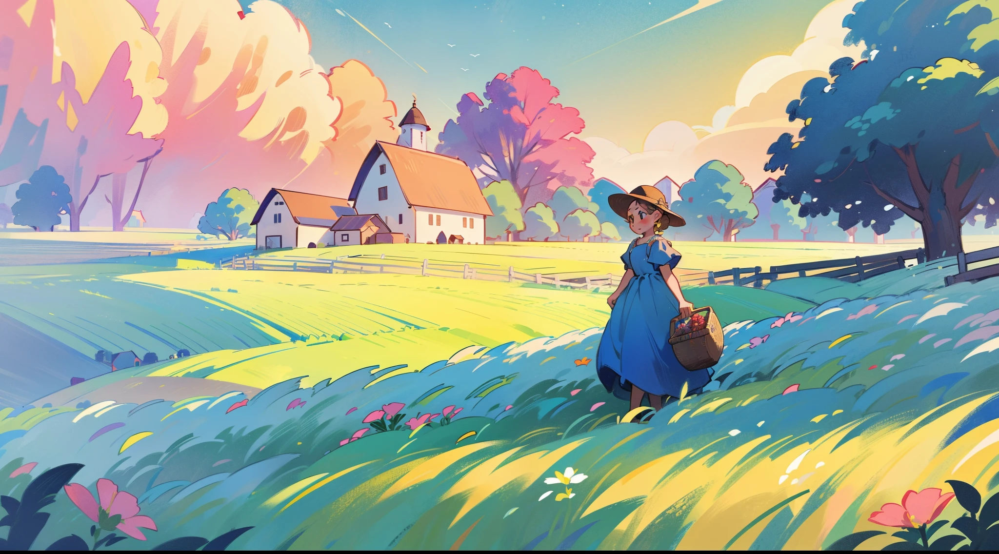 countryside, field, meadow, flowers, beautiful girl in peasant dress walking through field, ((cottage farmhouse and barn)), masterpiece, best quality, sharp focus, intricate details, perfection, golden ratio composition, 8k resolution, high resolution, beautiful, beautiful sky, vibrant pastel colors, bright colors