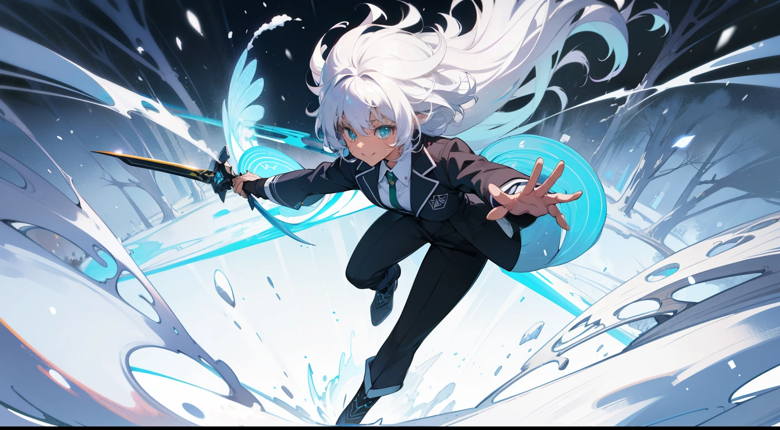 ((best quality)), ((master part)), ((Realistic)) 19 anos, creates HQ manga character black female character with afro hair looking forward angry smiling wearing white female school green blazer suit she is walking upright through the forest in the snow dancing with double blue bladed sword based on the 2D anime style BLUE LOCK, seishiro nagui personagem mulher Negra 2D ((anime)) o sol tocando a suas vestes !brilho capilar+brilho+ seen from an aerial view of the, Vista frontal, side view, three - quarter view))) (((fundo branco))) 6 and a half full body heads
