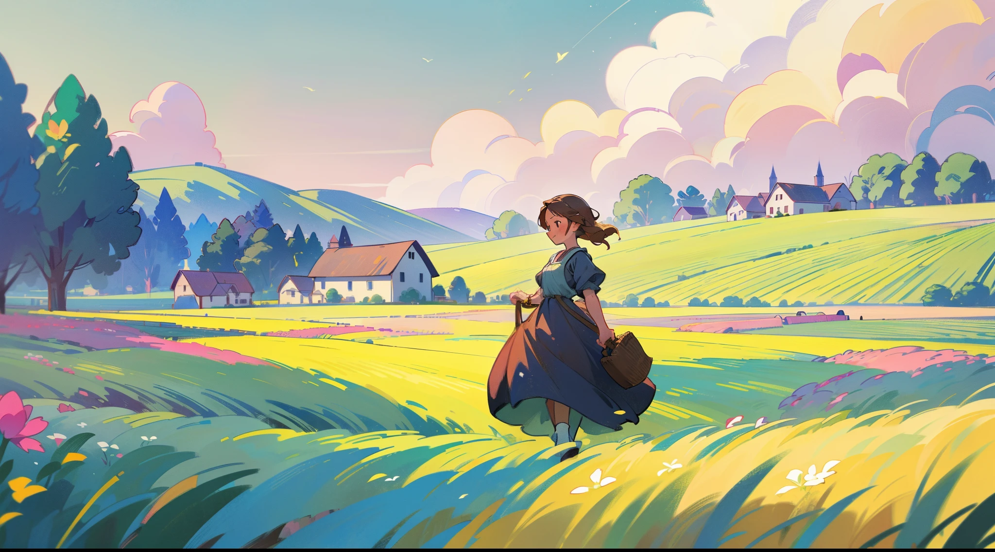 countryside, field, meadow, flowers, beautiful girl in peasant dress walking through field, ((cottage farmhouse and barn)), masterpiece, best quality, sharp focus, intricate details, perfection, golden ratio composition, 8k resolution, high resolution, beautiful, beautiful sky, vibrant pastel colors, bright colors