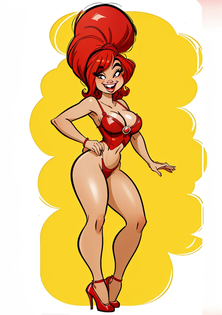 cartoon woman in red bikini with red shoes and a big smile, Corpo Pinup, menina Pinup, Retrato do meio do corpo, cel sombreado!!!, Pose de Pinup, Pinup, arte dos desenhos animados, caricatural, cel sombreado:15, Descrito!!!, menina Pinup, Comic Pinup style, Close-up de corpo inteiro, caricatura!!!, estilo caricatura, arte digital dos desenhos animados